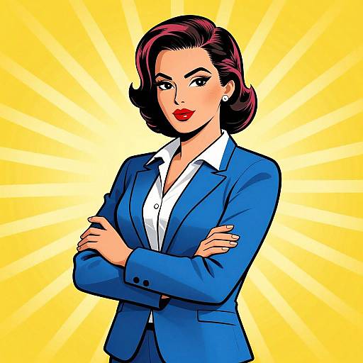 Vintage-style comic illustration of a confident woman with red lipstick, blue suit, white shirt, and crossed arms, set against a yellow radiating background.