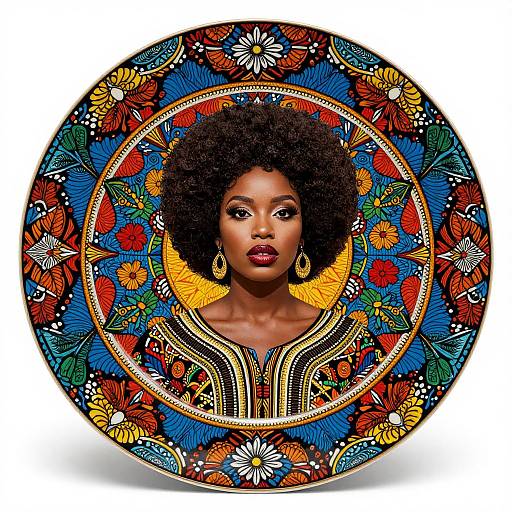 Photorealistic portrait of a Black woman with afro, wearing colorful traditional African attire, centered in a vibrant, circular, floral-patterned design.