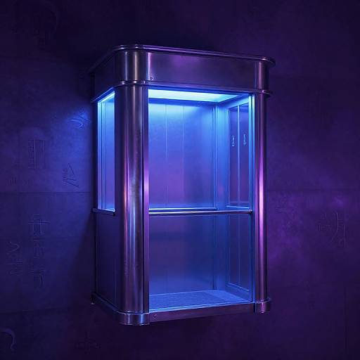 Photograph of a rectangular, metallic, glass-walled display case with vibrant blue neon lighting, mounted on a dark, textured wall.