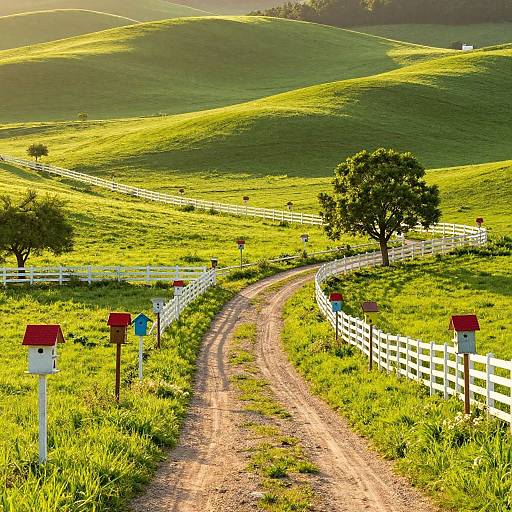 Sunlit rural landscape with winding dirt path, white fences, red-roofed birdhouses, lush green hills, and a tree in the foreground.