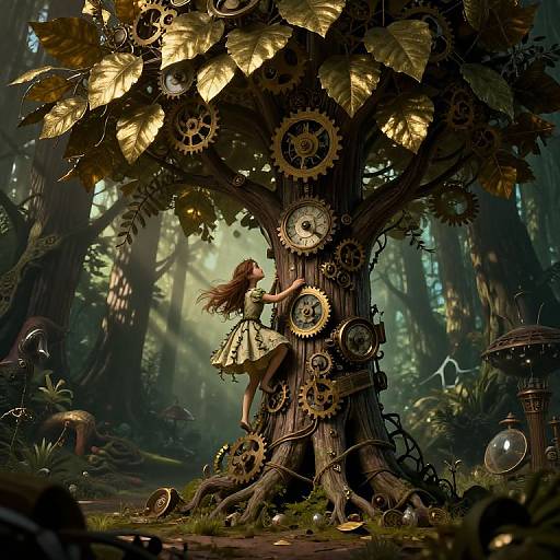 Fantasy forest scene: young girl in yellow dress climbs massive, gear-adorned tree with glowing leaves, surrounded by sunlight, mushrooms, and bubbles