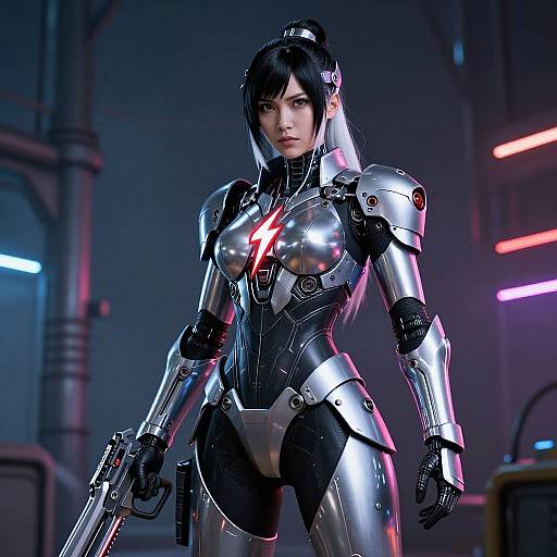 CGI image of an Asian woman in a sleek, silver and black robotic armor with a red lightning emblem, holding a gun, in a dark,