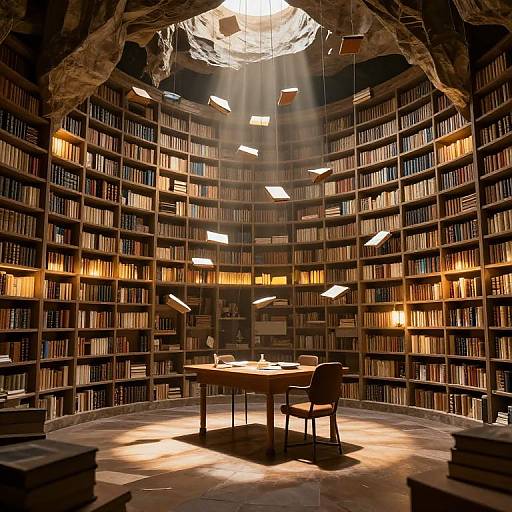 Photograph of a dimly lit, circular library room with wooden bookshelves, illuminated by hanging lights, centered table, and chair.