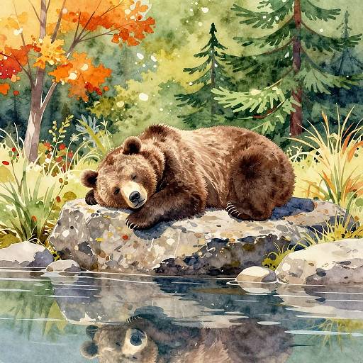 Sleepy Bear in Autumn Watercolor