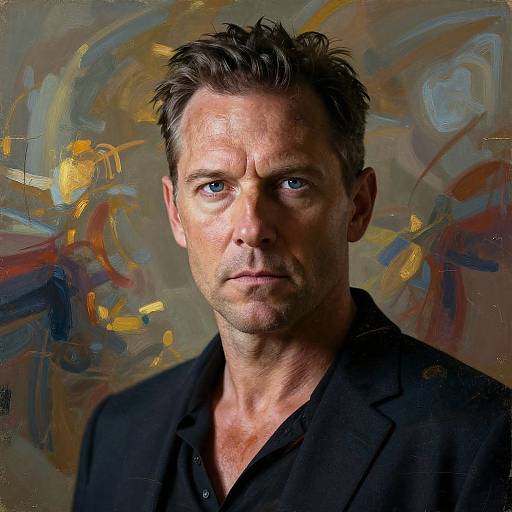 Photograph of a serious, middle-aged man with short, disheveled brown hair, blue eyes, and slight stubble, wearing a black shirt