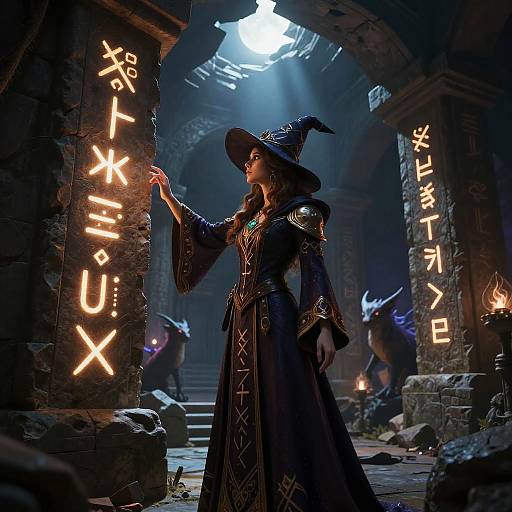 Photograph of a witch in a dark, ornate robe and hat, standing in a dimly lit, ancient stone ruin, illuminating glowing runes