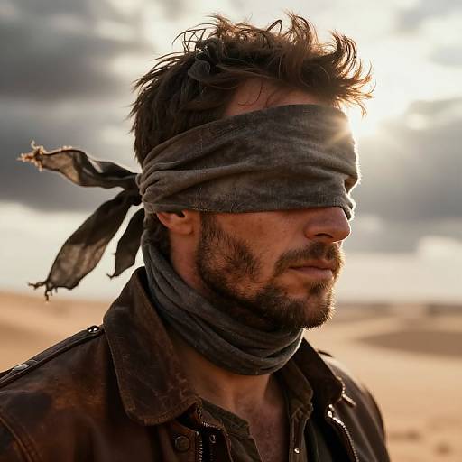 Photograph of a bearded man with tousled hair, wearing a gray blindfold and weathered leather jacket, against a sunlit desert sky.