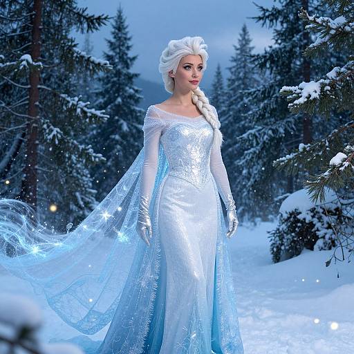 Photorealistic CGI of Elsa from Frozen standing in a snowy forest, wearing a sparkling, ice-blue gown and gloves, with braided white hair,