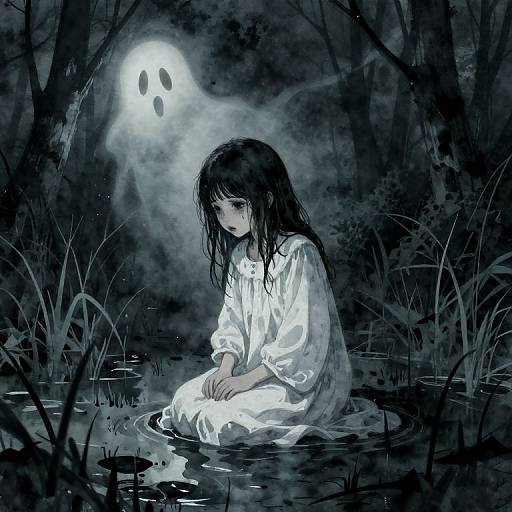 Mysterious digital illustration of a sad girl with wet black hair, wearing a white dress, kneeling in dark, eerie swamp water, illuminated by a glowing