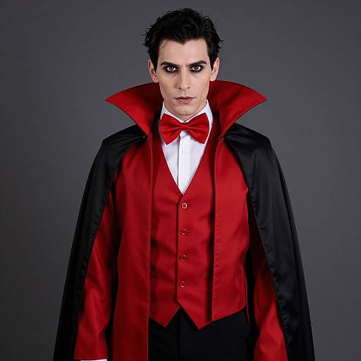 Photograph of a pale-skinned man with dark hair, wearing a red bow tie, red vest, and black cape with high collar, against a