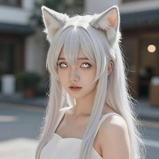 Photorealistic White-Haired Catgirl Street Portrait