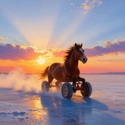 Photograph of a galloping brown horse with four wheels, kicking up snow, against a vibrant sunset over a frozen landscape.