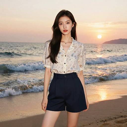 Photograph of an Asian woman with long black hair, wearing a white floral blouse and black shorts, standing on a beach at sunset, with gentle waves