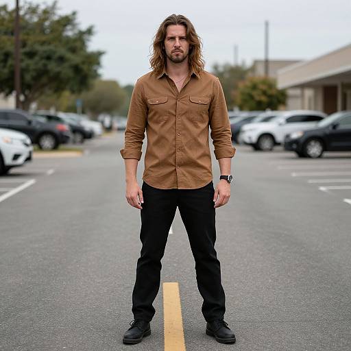 Photograph of a tall, muscular man with long brown hair, brown button-up shirt, black pants, standing in an empty parking lot.