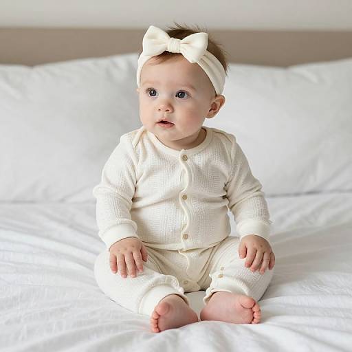 Photograph of a cute, fair-skinned baby with blue eyes, wearing a white bow headband, cream onesie, and sitting on a white