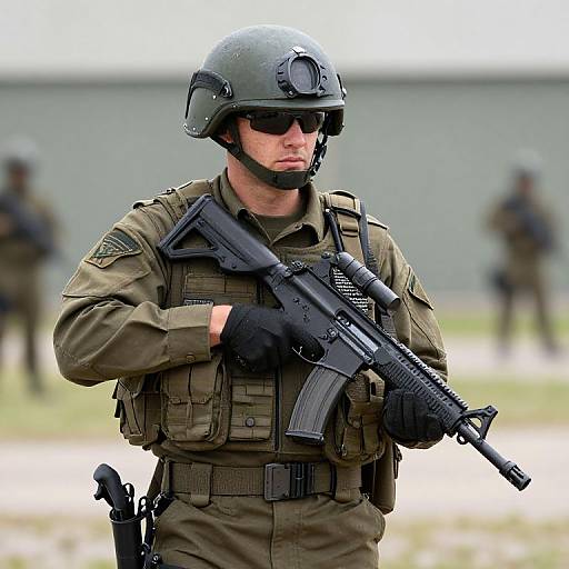 Photograph of a serious male soldier in full combat gear, helmet, sunglasses, holding a black rifle, with blurred background and fellow soldiers.