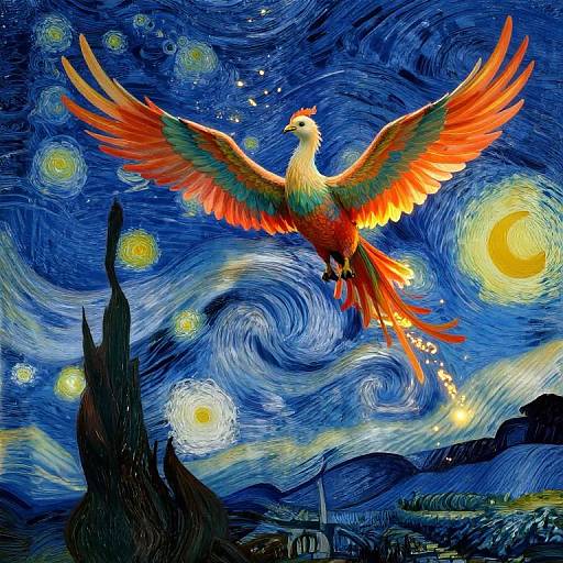 Digital artwork of a vibrant phoenix with outstretched orange and red wings, soaring over a swirling, starry night sky inspired by Van Gogh's