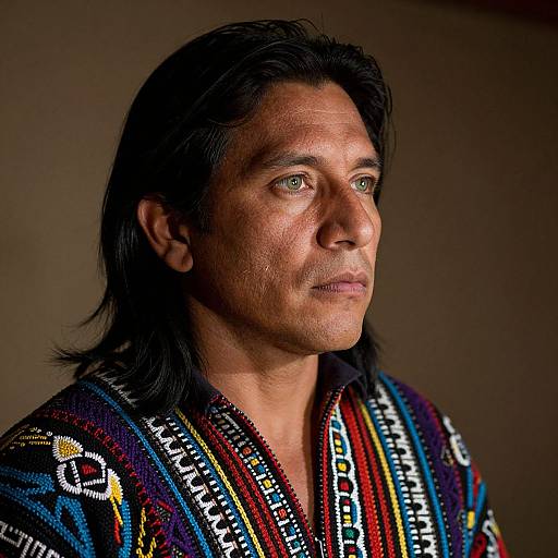 Photograph of a middle-aged man with long black hair, wearing a colorful, patterned traditional garment, looking thoughtfully to the side.