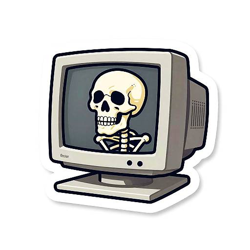 Cartoon-style drawing of an old CRT computer monitor displaying a white skull with black eye sockets and a grin. The skull's bones are visible on its