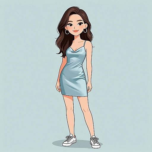 Digital illustration of a young woman with long brown hair, wearing a light blue satin dress, white sneakers, and hoop earrings, standing against a white background