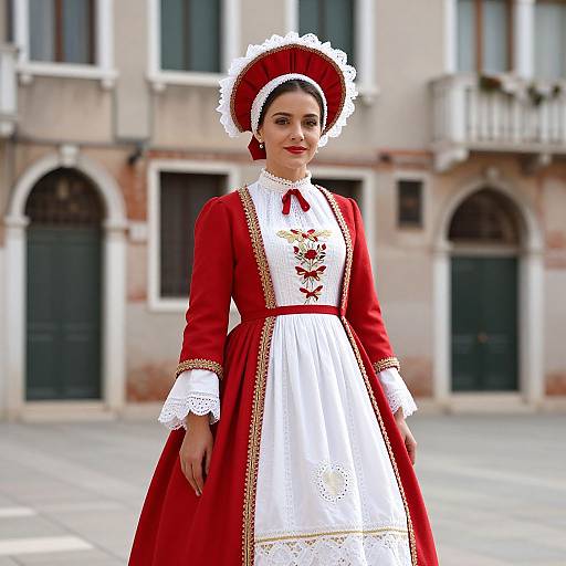 Photograph of a fair-skinned woman in a red and white traditional Renaissance-style dress with gold trim, white lace headpiece, standing in front of