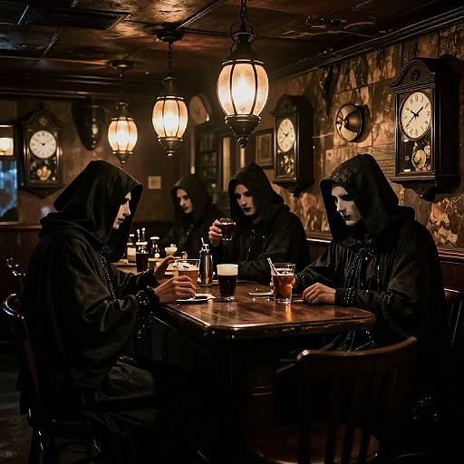 Photograph of three hooded figures in dark, medieval-style cloaks sitting at a dimly lit wooden table in a vintage pub, illuminated by warm