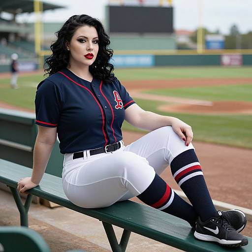 Photograph of a curvy woman with pale skin, black curly hair, red lipstick, wearing a black baseball jersey, white pants, and black socks