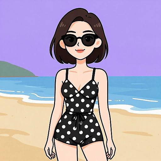 Cartoon-style digital drawing of a smiling woman with short brown hair, black polka dot swimsuit, and sunglasses, standing on a sunny beach with