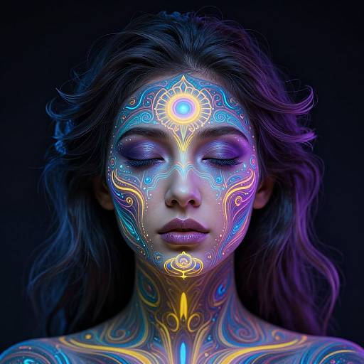 Photorealistic digital portrait of a woman with glowing, intricate neon blue and yellow tribal patterns on her face and neck, against a dark background, eyes