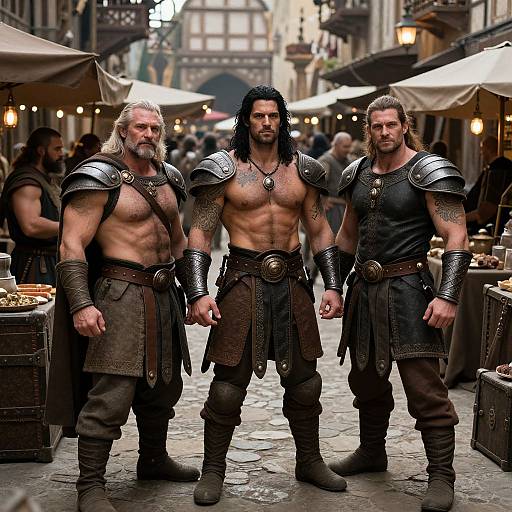 Photograph-style CGI: Three muscular, shirtless Viking warriors with dark armor and leather skirts stand in a medieval street market, surrounded by vendors and warm