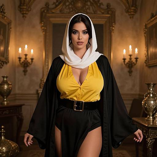 Photograph of a curvy woman with dark hair, white headscarf, yellow blouse, black robe, and black shorts, standing in an orn