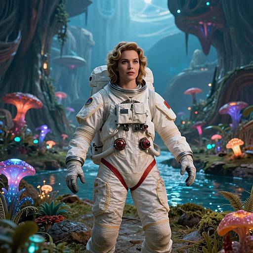 Photorealistic CGI of a blonde woman in a white space suit standing in a vibrant, alien forest with glowing mushrooms and a stream, illuminated by blue