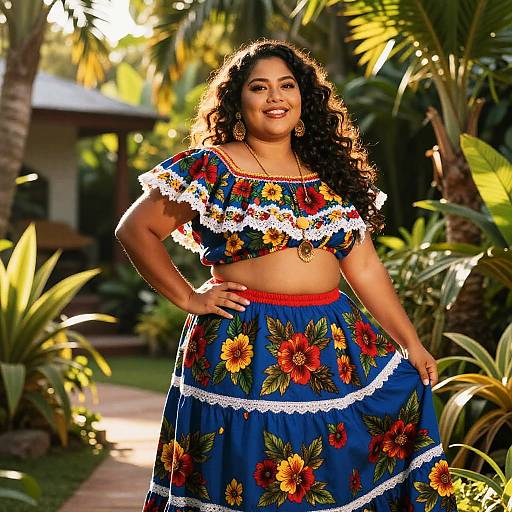 Photograph of a smiling, curvy Latina woman with long curly hair, wearing a colorful floral crop top and skirt, standing in a sunlit tropical
