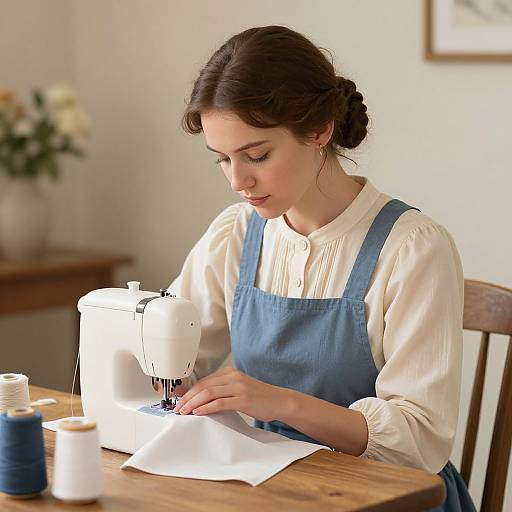 Photograph of a young woman with dark hair in a bun, wearing a white blouse and blue apron, sewing on a vintage machine at a wooden