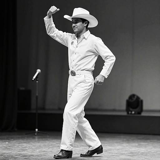 Black-and-white photograph of a male cowboy in a white suit and hat, striking a pose on stage with one arm raised. Background includes a microphone stand