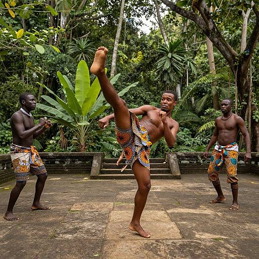Photograph of three muscular, shirtless African men performing traditional dance in a lush, tropical forest. They wear colorful, patterned loincloths
