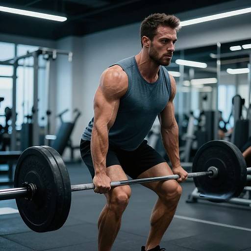 Photograph of muscular man in gray tank top and black shorts, squatting with heavy barbell in modern gym with fluorescent lights.