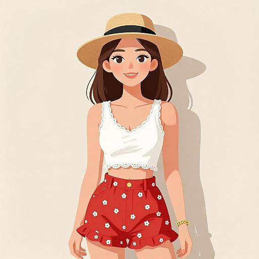 Digital illustration of a smiling Asian woman with long dark hair, wearing a straw hat, white lace-trimmed tank top, and red floral shorts against