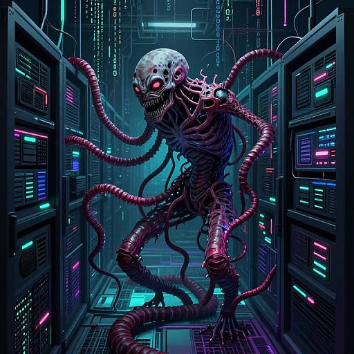 Digital sci-fi artwork: A grotesque, tentacled creature with glowing red eyes and skeletal frame emerges from a neon-lit server room.