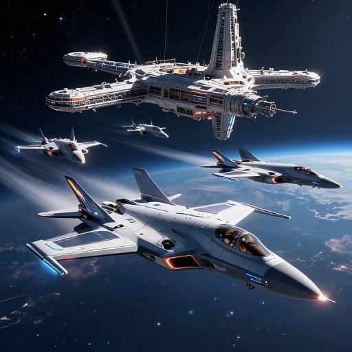Digital artwork of three futuristic fighter jets and a large spaceship in space, with Earth's blue horizon below, highlighting sleek designs and vibrant lights against a star