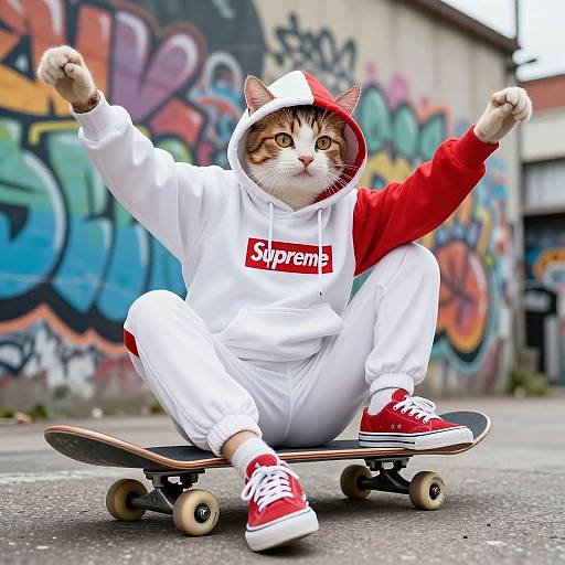 Cat in Supreme Hoodie on Skateboard