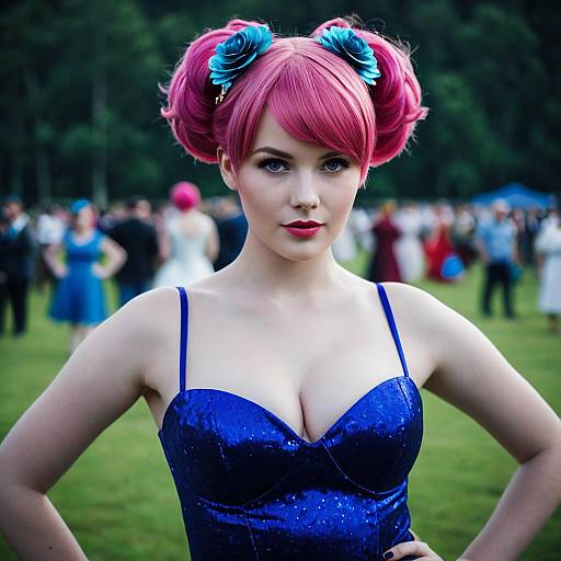 Woman in Pink Hair and Blue Dress Cosplay