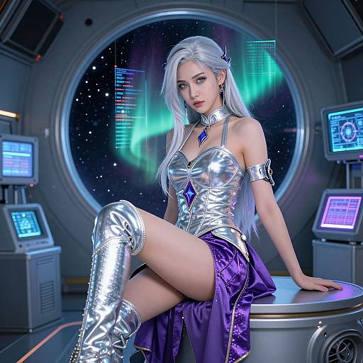 Digital artwork of a white-haired woman in a silver and purple sci-fi outfit, sitting in a futuristic spaceship control room with neon lights and a circular window