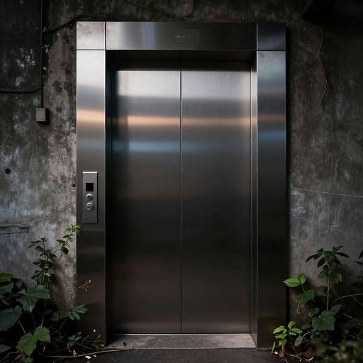 Shiny Elevator Door Amid Urban Decay