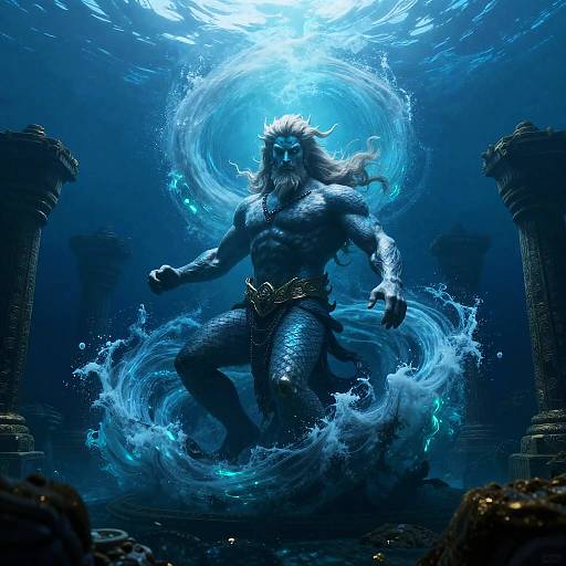 Poseidon Commanding Bioluminescent Abyssal Whirlpool