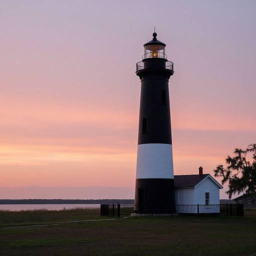 Photograph of a black-and-white lighthouse at sunset, with a pink and purple sky, standing beside a small white house and fenced area.
