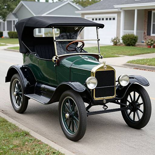 Photograph of a vintage green and black vintage car with a black convertible top driving on a suburban street.