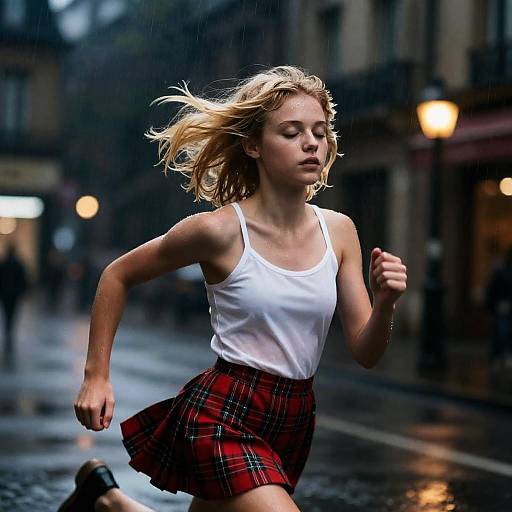 Young Woman Running in Rainy Urban Street