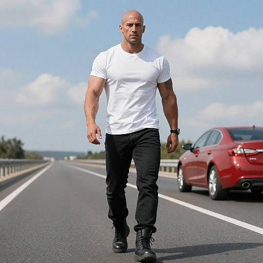 Muscular Man Walking on Highway