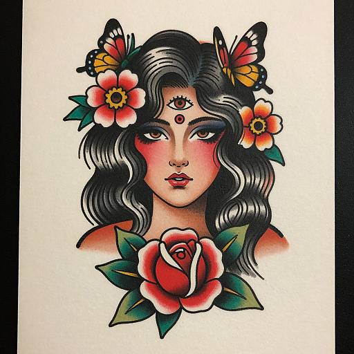 Vibrant Traditional Three-Eyed Woman Tattoo